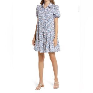 Eliza J Cotton Button Front Shirt Dress in Blue Pink Floral - Size 6